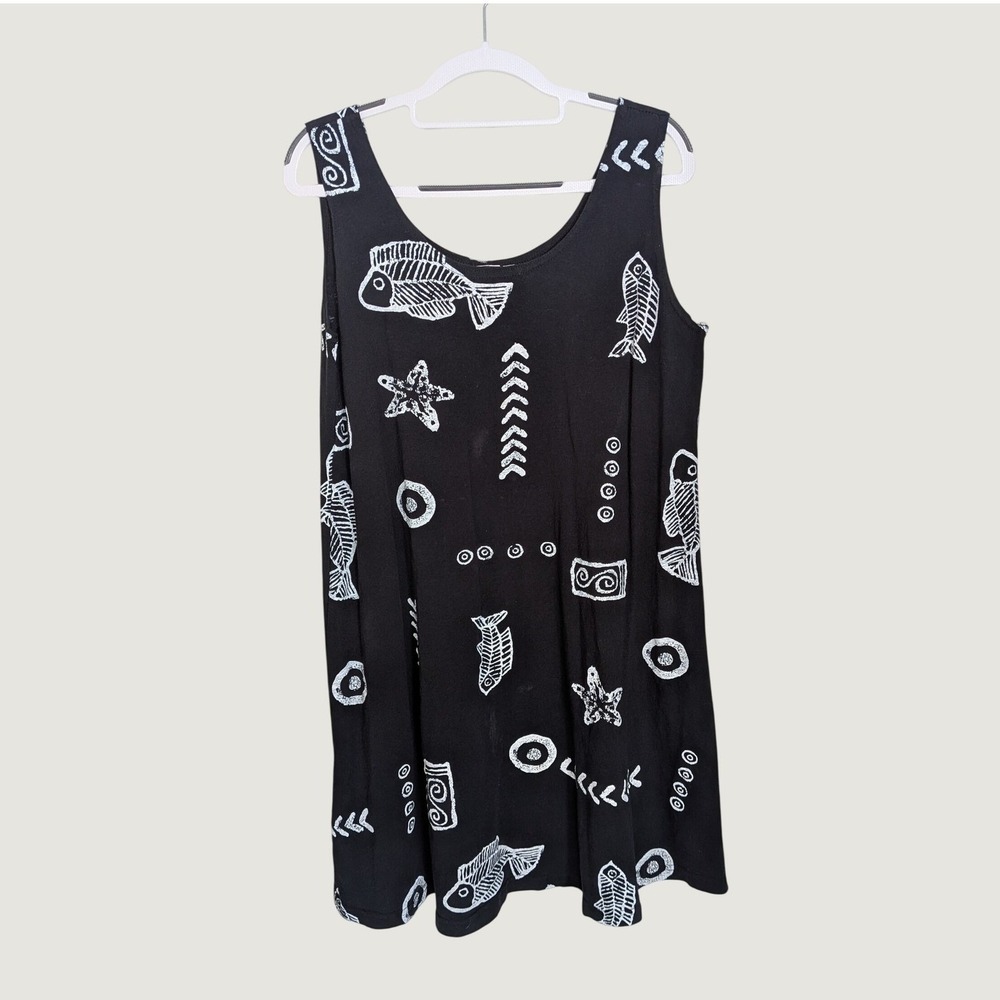 Sassy 90s Vintage Cottagecore Black White Fish Print Cotton Shift Dress XL